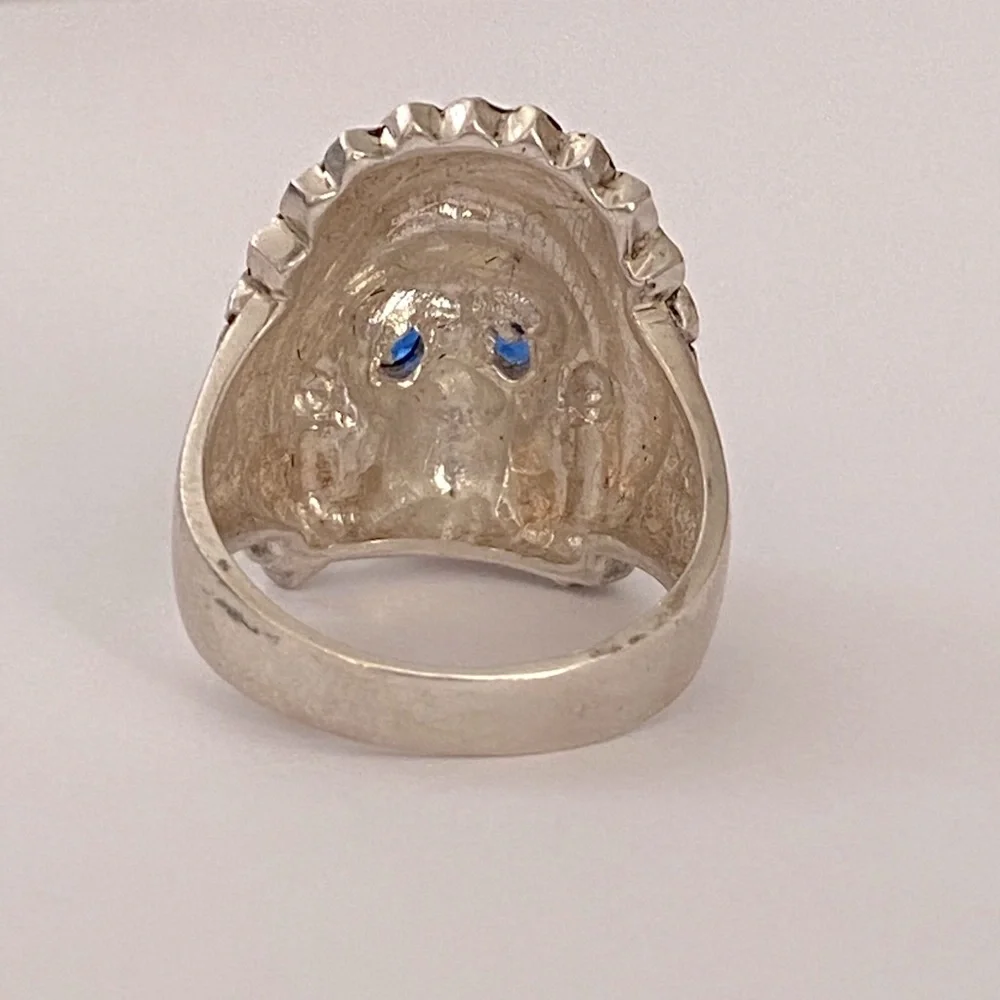 💀 925 silver biker chief skull ring sapphire blue cubic zirconia cz stones eyes
